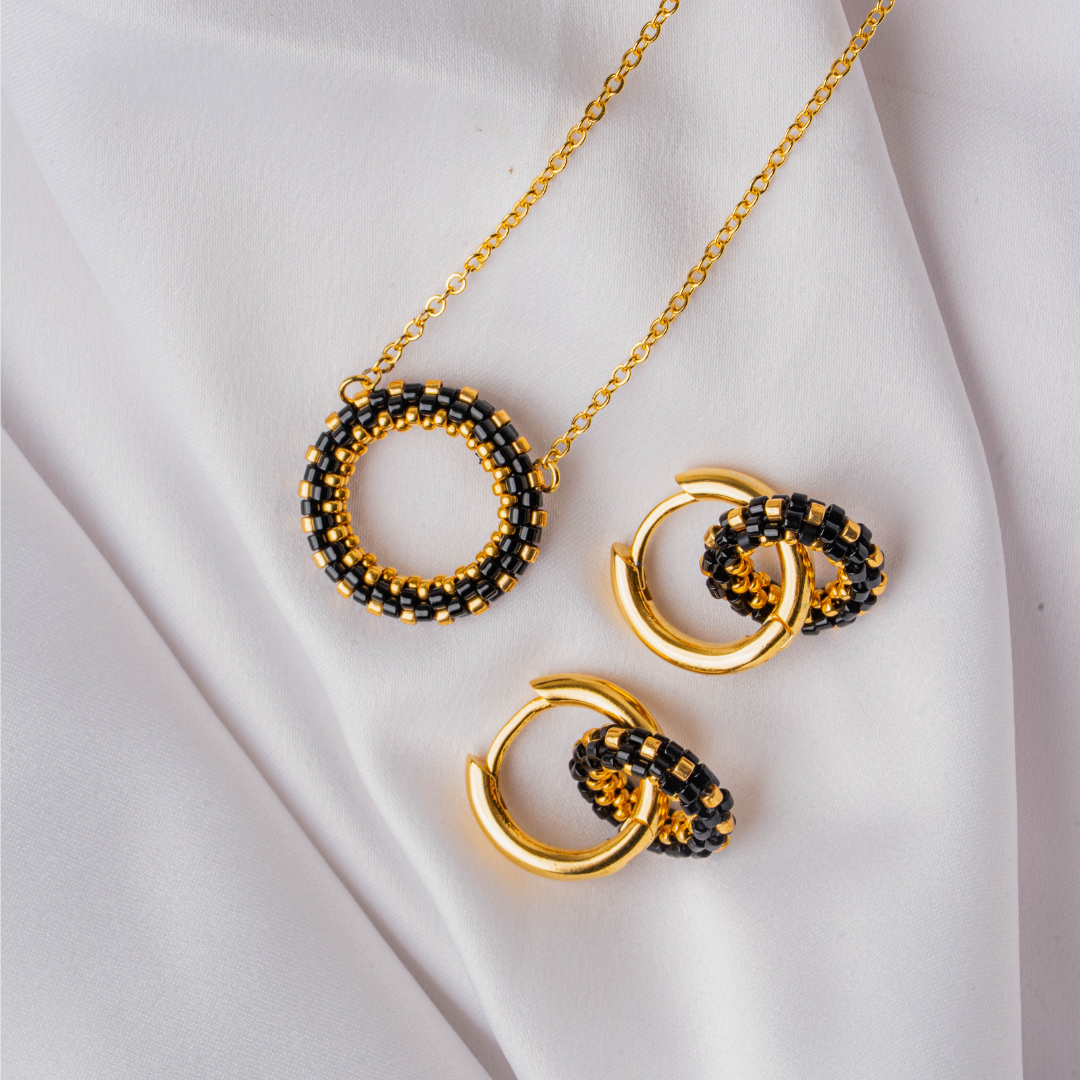 Beaded Black Single Hoop Necklace