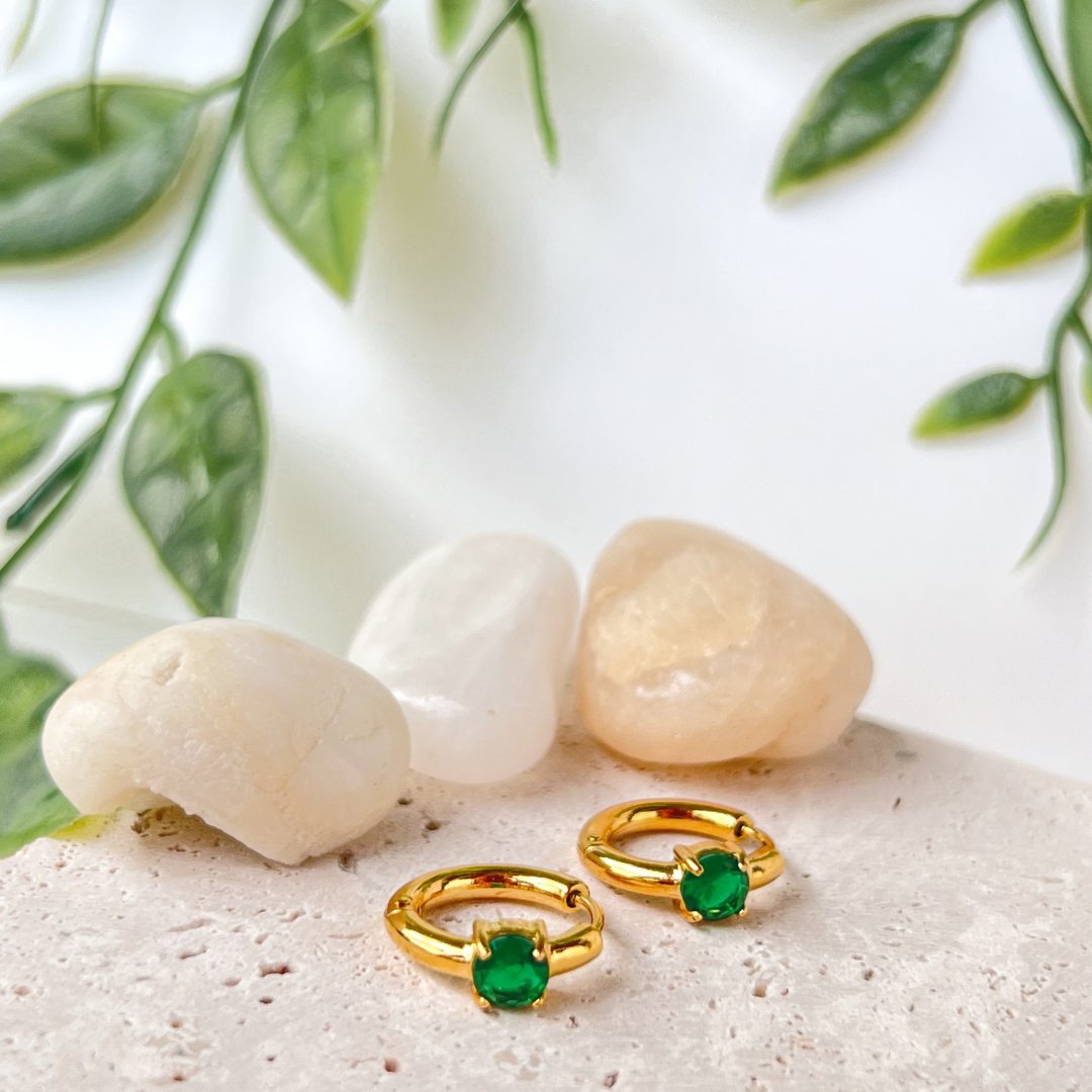 Gold Green Mini Crystal Hoops