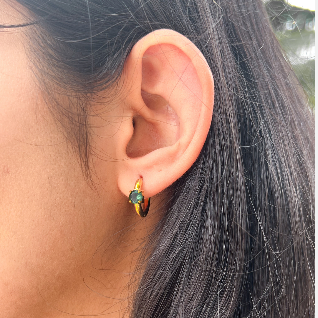 Gold Green Mini Crystal Hoops